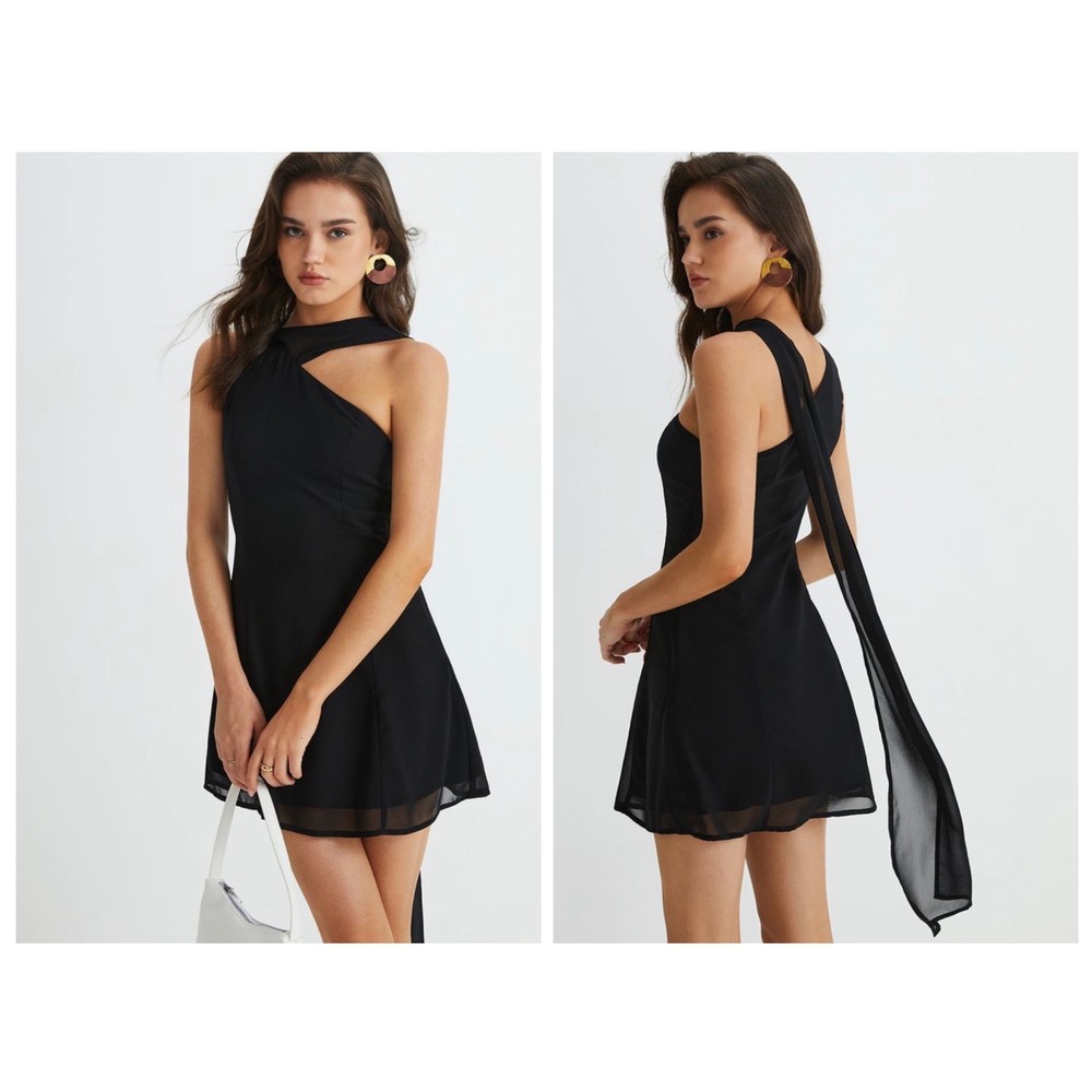 Commense Mini Dress Womens XL Black One Shoulder Cutout Scarf Neck A-Line LBD